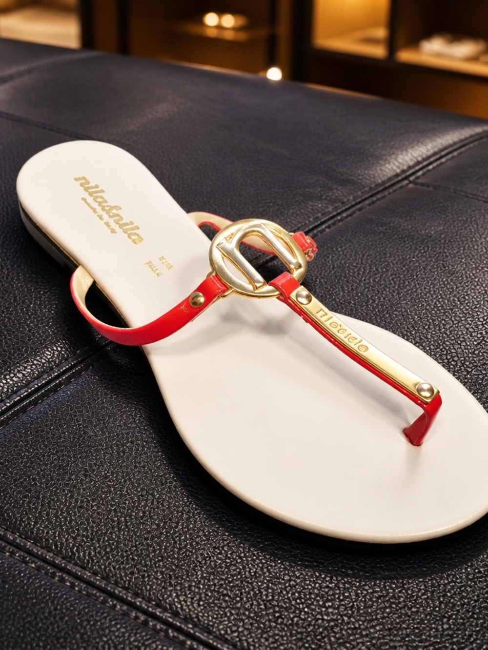 Nila & Nila Women’s Red T-Strap Soft Leather Flat Sandals with Gold Accent